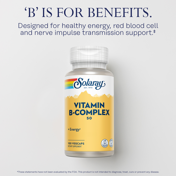 SOLARAY Vitamin B Complex 50 mg - Cellular Energy Vitamins - Metabolism and Nerve Health Support with Vitamin B12, Vitamin B1, B6, Niacin, Folic Acid, Biotin and Other B Vitamins - Vegan, 100 VegCaps