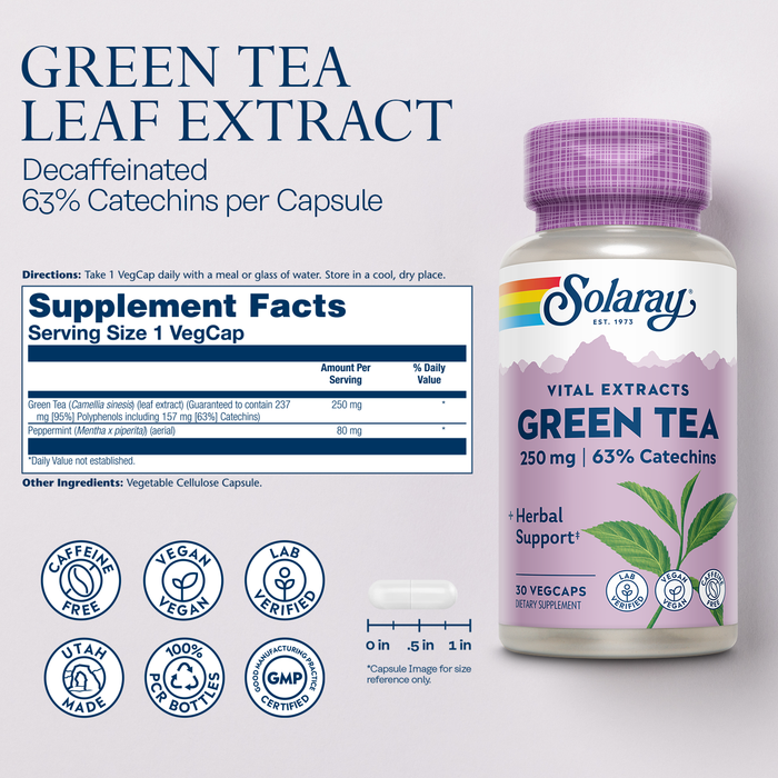 SOLARAY Green Tea Extract 250 mg - Decaffeinated Green Tea Extract Capsules - EGCG Supplements - Guaranteed to Contain 63% Catechins - Vegan, 60-Day Guarantee, 30 Servings, 30 VegCaps