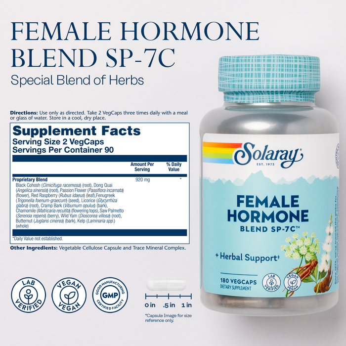 Solaray Female Hormone Blend SP-7C, Herbal Blend Includes Black Cohosh, Dong Quai, Passion Flower, Saw Palmetto, Wild Yam & More 180 VegCaps