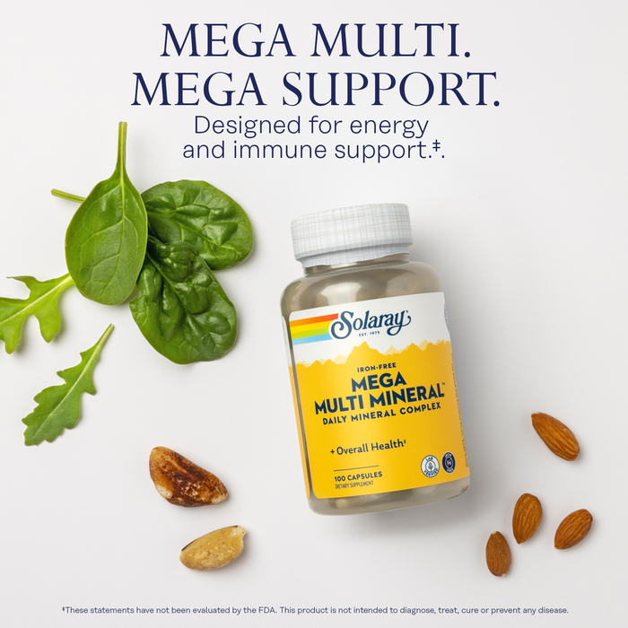 SOLARAY Iron-Free Mega Multi Mineral - Daily Mineral Complex w/ Calcium, Magnesium, Zinc and More, Absorbable Chelated Forms, Energy and Immune Support, 60-Day Guarantee, 50 Servings, 200 Capsules (100 Capsules, 25 Servings)