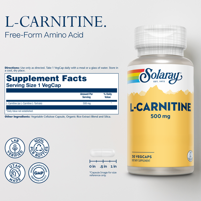 Solaray L-Carnitine 500 mg, Free Form Amino Acid, Lab Verified, GMP Facility, 60-Day Money-Back Guarantee, 30 Servings, 30 VegCaps