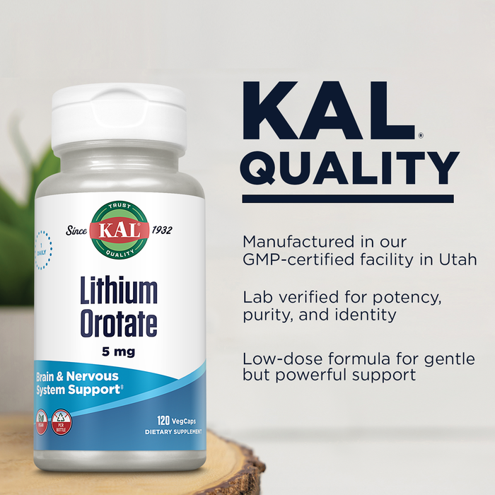 KAL Lithium Orotate 5mg, Low Dose Lithium Supplement for Brain, Nervous System and Mood Support, Chelated and Highly Bioavailable, Vegan, Organic Rice Extract Blend