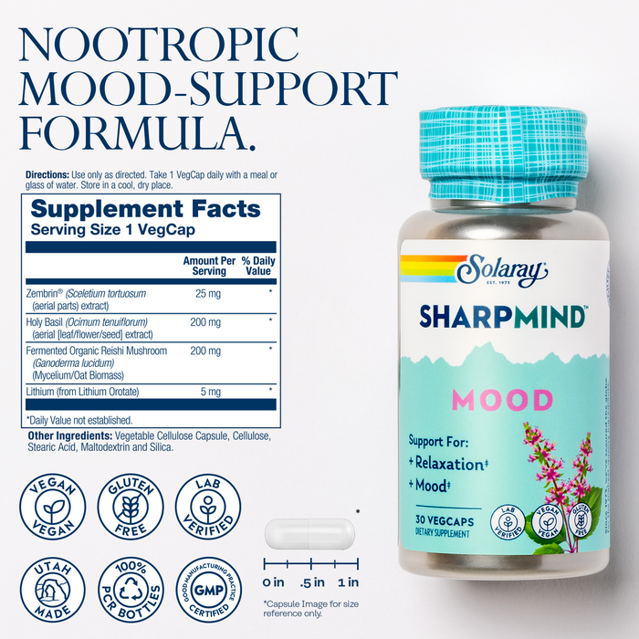 SOLARAY SharpMind Mood Support Supplement, Nootropic for Relaxation and Stress Relief, Zembrin, Holy Basil, Lithium 5mg, Organic Reishi Mushroom, 60 Day Guarantee, 30 Servings, 30 VegCaps