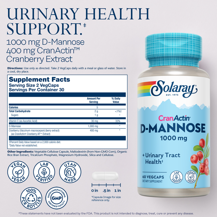 Solaray D-Mannose 1000mg with CranActin Cranberry Extract - D Mannose Cranberry Supplement with Vitamin C - Supports Urinary Tract and Bladder Health - Vegan, 60 Day Guarantee, 75 Serv, 150 VegCaps (60 CT)