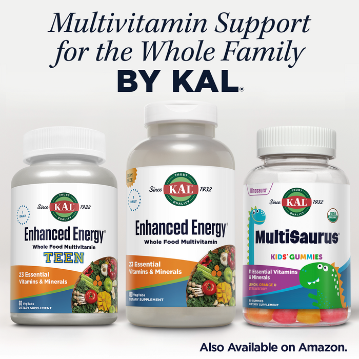 KAL Enhanced Energy Supplements, 3 Daily - Whole Food Multivitamin for Women and Men, Iron Free, 23 Essential Vitamins, Minerals, Super Foods, Digestive Enzymes, 60-Day Guarantee, 60 Serv, 180 VegTabs