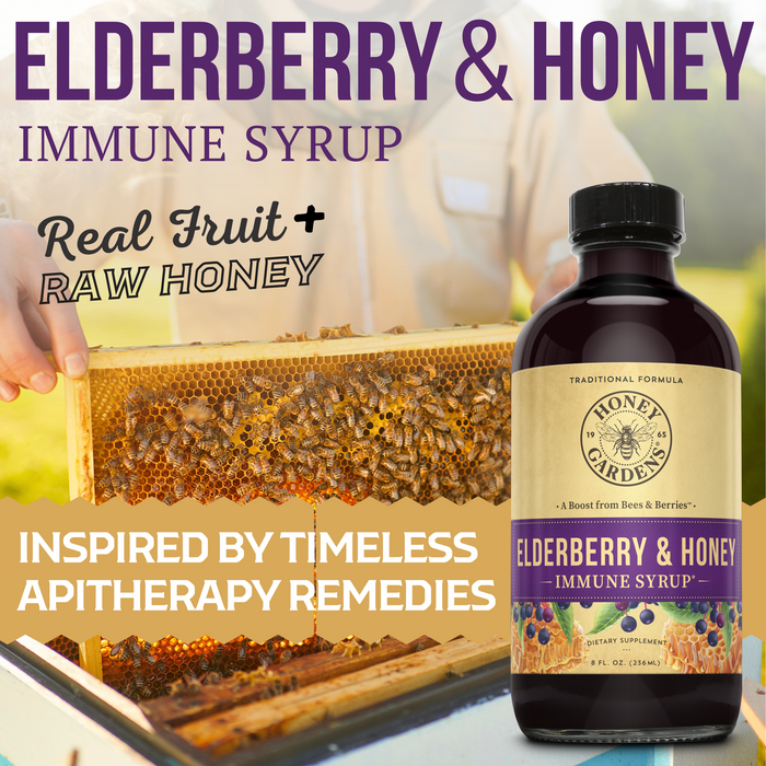 Honey Gardens Elderberry Syrup with Grade A Raw Honey, Propolis, Organic ACV & Elderberries | Traditional Immune Formula w/Echinacea  | Made in the USA