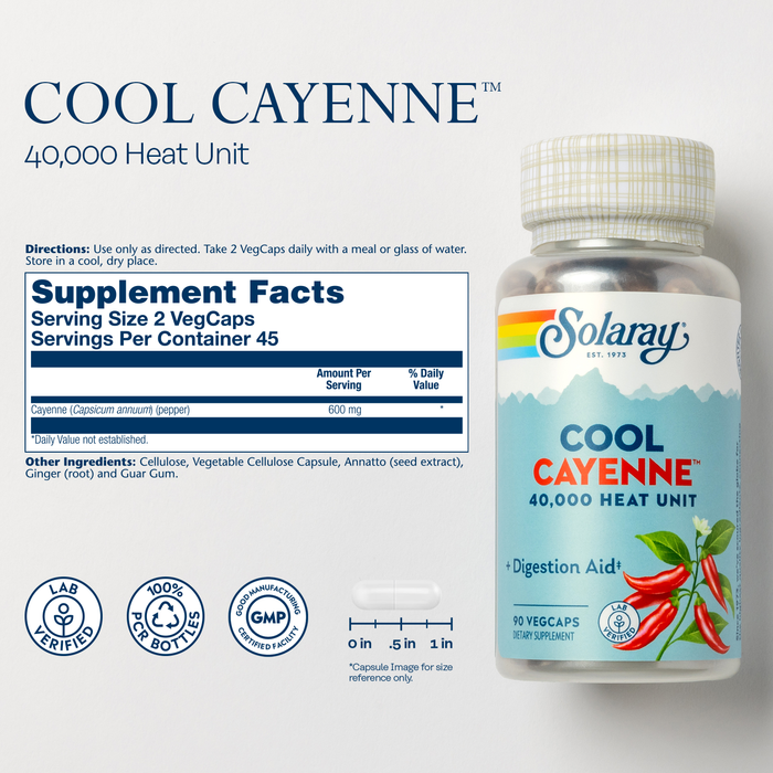 Solaray Cool Cayenne Pepper 40,000 HU, Cayenne Pepper Capsules, Digestion Aid, Circulation, Metabolism, and Cardiovascular Support, Bio-Cool Process, Lab Verified, 60-Day Money-Back Guarantee, 45 Servings, 90 VegCaps