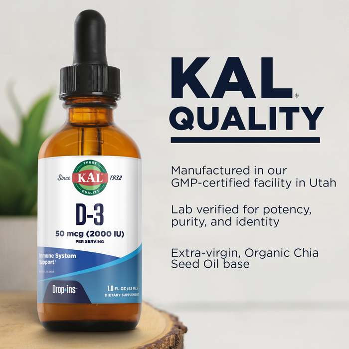 KAL Vitamin D3 2000 IU (50 mcg) DropIns - Liquid Vitamin D3 Drops - Bone Strength and Immune Support Supplement - Vegetarian, 60-Day Guarantee, Approx. 590 Servings, 1.8oz