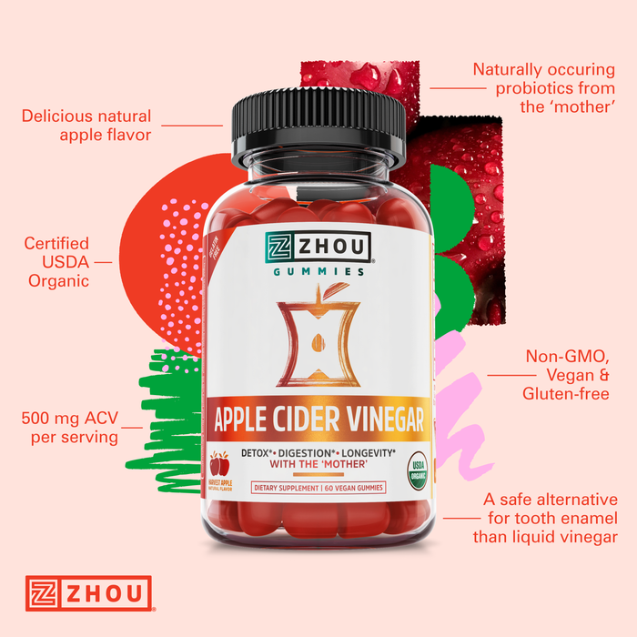 Zhou Nutrition Apple Cider Vinegar Gummies with The Mother - ACV Vegan Detox Cleanse - Gluten Free Probiotic Supplement for Digestion Support - 60 Gummies