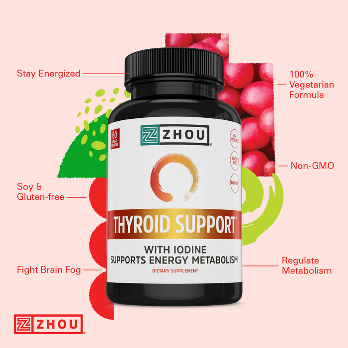 Zhou Thyroid Support Complex with Iodine Supplement, Increase Energy, Fight Brain Fog with Vitamin B12, Iodine, Magnesium, Zinc, Selenium, No Soy, Gluten-Free, 30 Servings, 60 Caps