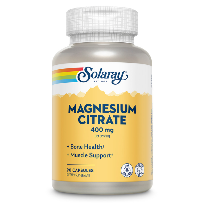 Solaray Magnesium Citrate 400mg - Bone Strength, Muscle Recovery, and Digestion Support - Herbal Base - Vegan, Lab Verified, 60-Day Money-Back Guarantee - 30 Servings, 90 VegCaps