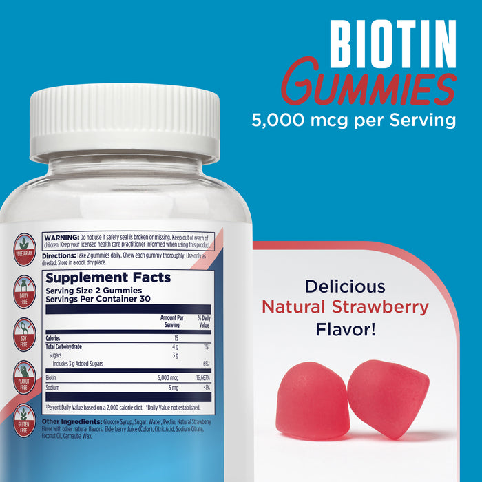 KAL Biotin Gummies 5,000 mcg, Healthy Hair Skin and Nails Vitamins, Vegetarian Biotin Supplement, Delicious Natural Strawberry Flavor, Gluten Free, 30 Servings, 60 Gummies