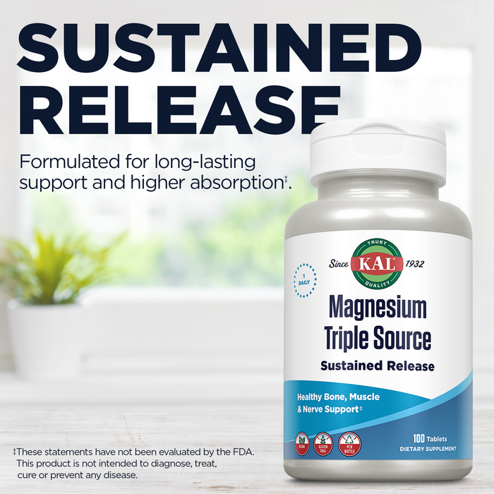 KAL Triple Source Magnesium Complex, Magnesium Citrate, Magnesium Malate, Magnesium Oxide, Sustained Release, Bone, Muscle, Nerve Support, Vegan, Gluten Free, 60-Day Guarantee, 100 Servings, 100 Tabs