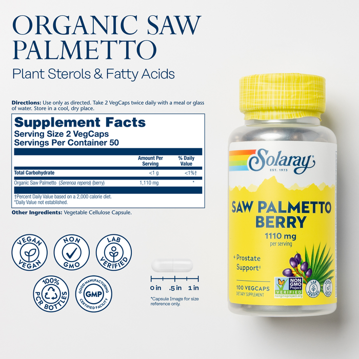 Solaray Saw Palmetto Berry 1110 mg, Organic Saw Palmetto for Men, Healthy Prostate Support from Fatty Acids & Plant Sterols, Non-GMO, Vegan & Lab Verified, 60-Day Guarantee, 50 Servings, 100 VegCaps