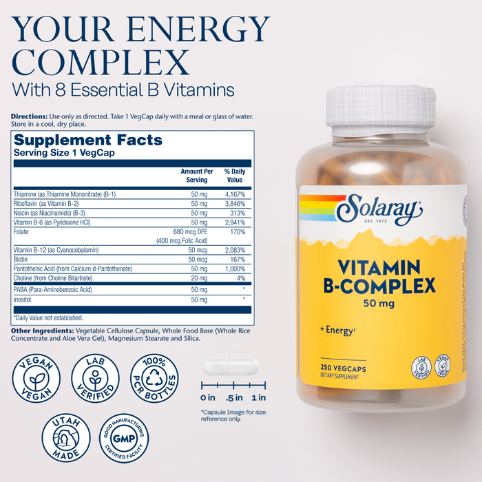 SOLARAY Vitamin B Complex 50 mg - Cellular Energy Vitamins - Metabolism and Nerve Health Support with Vitamin B12, Vitamin B1, B6, Niacin, Folic Acid, Biotin and Other B Vitamins - Vegan, 250 VegCaps