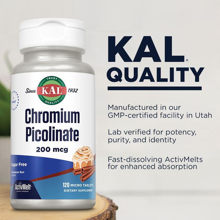 KAL Chromium Picolinate 200mcg Supplement, Fast Dissolving ActivMelts for Enhanced Absorption, Vegetarian, Cinnamon Bun Flavor, 120 Servings, 120 Micro Tablets