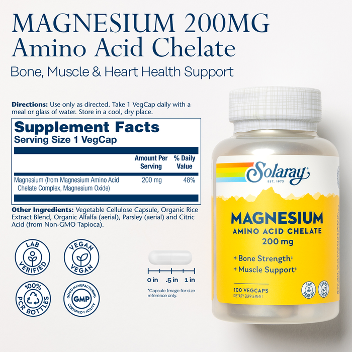 Solaray Magnesium Amino Acid Chelate 200 mg, Chelated Magnesium Supplement for Bone Health, Heart Health and Muscle Function Support, Vegan, 60-Day Money Back Guarantee, 100 Servings, 100 VegCaps