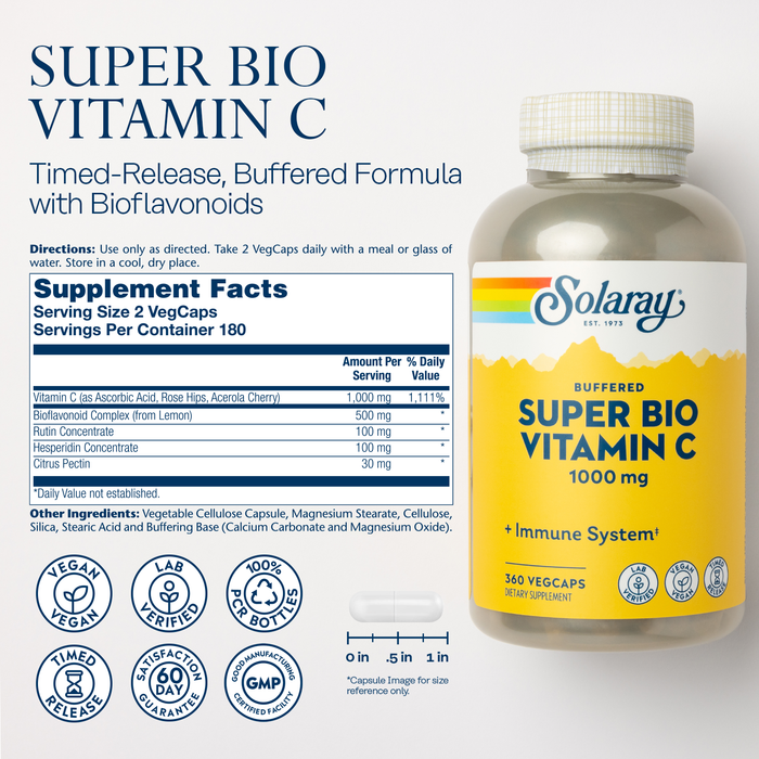 Solaray Super Bio Buffered Vitamin C 1000mg, Two-Stage, Timed Release Vitamin C with Bioflavonoids, Immune Support Supplement - High Absorption, Vegan, 60 Day Guarantee, 180 Servings, 360 VegCaps 180 Servings, 360 VegCaps