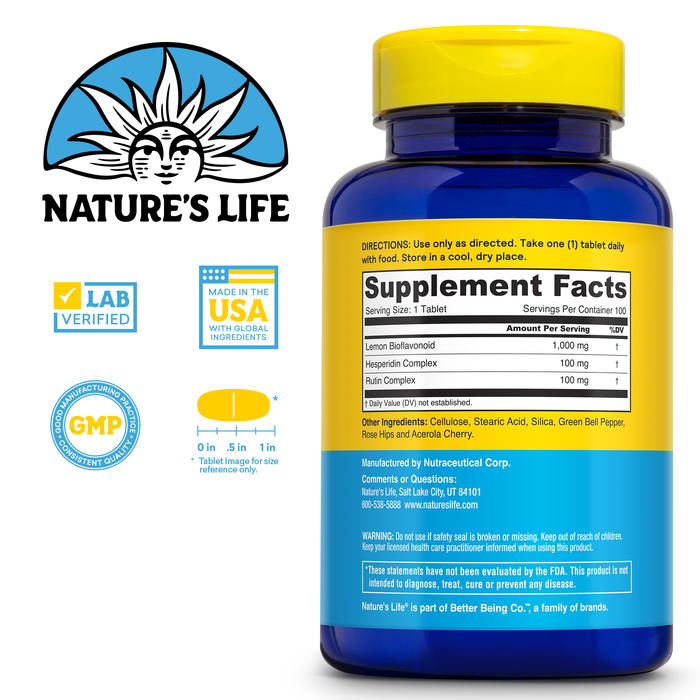 Nature's Life Lemon Bioflavonoids 1000mg - Citrus Bioflavonoids Supplement with Hesperidin and Rutin - Antioxidant and Cellular Support, Vitamin C Absorption - 60 Day Guarantee, 100 Serv, 100 Tablets