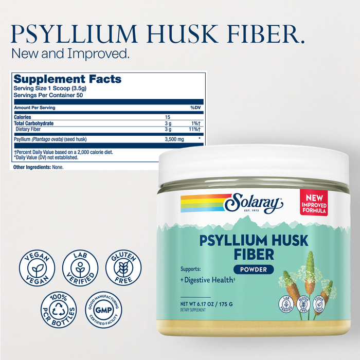 SOLARAY Psyllium Husk Powder - Psyllium Fiber Supplement for Digestive Health - 3 g of Soluble Fiber - Gluten Free, Made Without Soy, 60-Day Guarantee - 50 Servings, 6.17 OZ