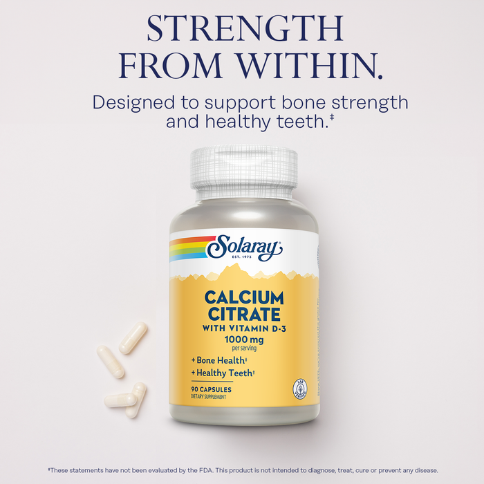 Solaray Calcium Citrate with Vitamin D3 1000mg - Bone Strength and Healthy Teeth Support - Gentle Digestion Formula - Lab Verified, 60-Day Guarantee - 15 Servings, 90 Capsules