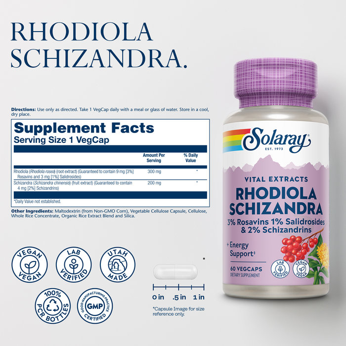 SOLARAY Rhodiola Schizandra - Rhodiola Rosea Extract - Energy Support and Occasional Stress Relief Supplement - Vegan, Lab Verified, 60-Day Guarantee - 60 Servings, 60 VegCaps