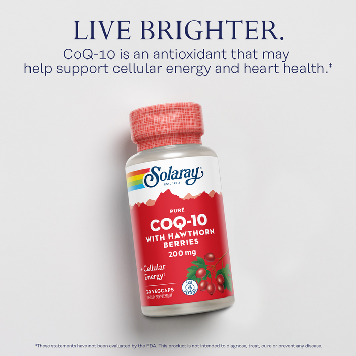 Solaray Pure CoQ-10 200 mg | Healthy Heart Function & Cellular Energy Support | Enhanced with Herb Blend | 30 VegCaps