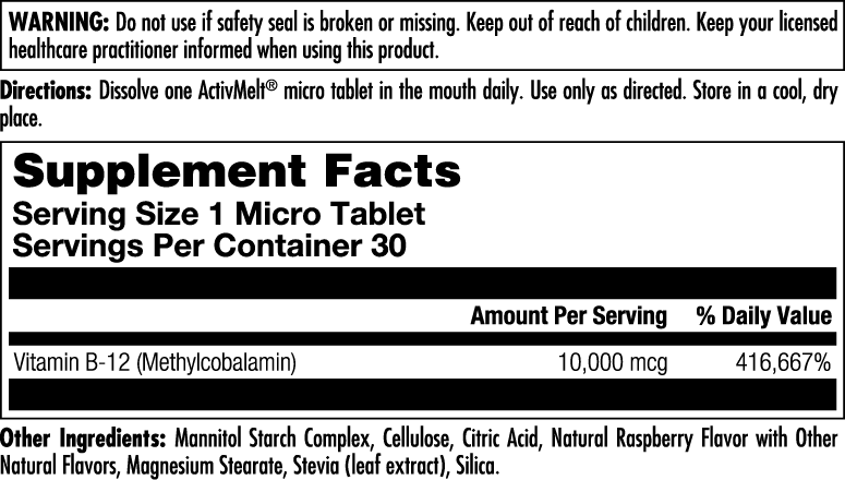 Ultra B-12 Methylcobalamin 10,000 mcg ActivMelt® Instant Dissolve Tablets Raspberry