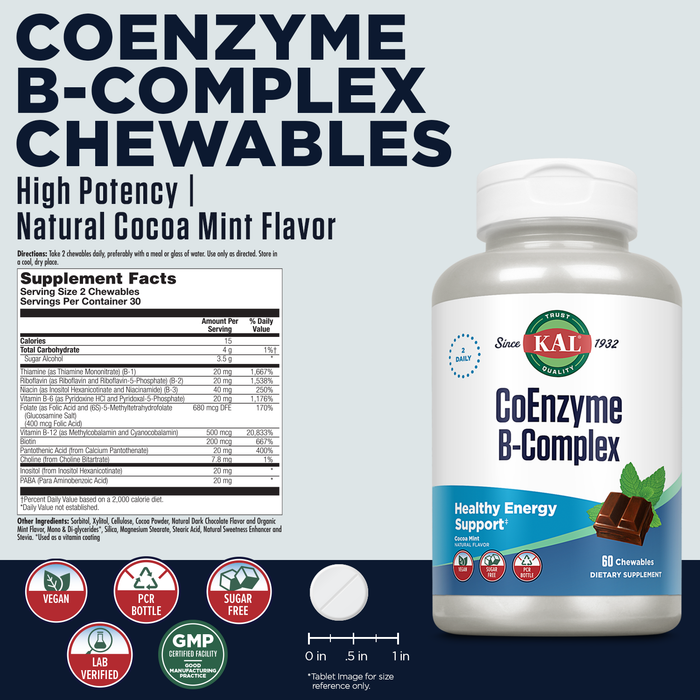 KAL CoEnzyme Vitamin B Complex, Chewable B Vitamins for Healthy Energy, Red Blood Cell and Nerve Function Support w/ Vitamin B12, B6, Folic Acid, Natural Cocoa Mint, Vegan, Sugar Free, 30 Serv, 60ct