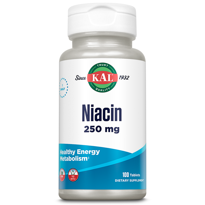 KAL Niacin 250 mg, Vitamin B3 Supplement, Metabolism and Healthy Energy Support, Skin, Nerve, Digestive Health and Circulation Support, Vegan Vitamin, 60-Day Guarantee, 100 Servings, 100 Tablets