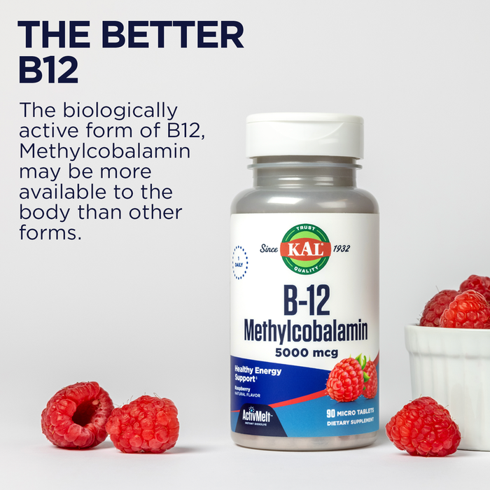 KAL B-12 Methylcobalamin 5000mcg ActivMelt, Raspberry Flavor | Healthy Metabolism, Energy & Red Blood Cell Support, 90ct