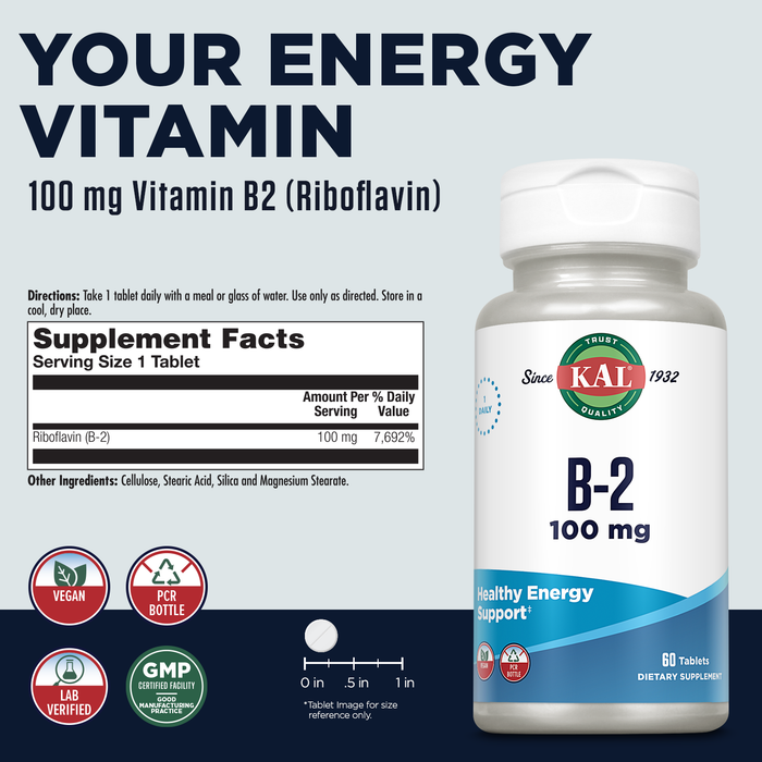 KAL Vitamin B2 100mg, Riboflavin B2, Healthy Energy and Metabolism Supplement, Red Blood Cell Synthesis Support, Enhanced Absorption ActivTabs, Vegan, 60-Day Guarantee, 60 Servings, 60 Tablets