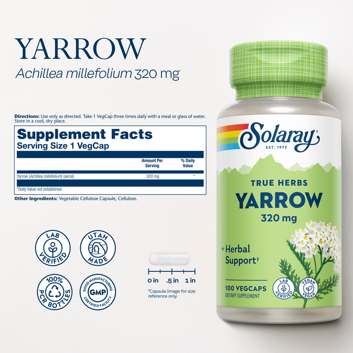 Solaray Yarrow 320 mg, Whole Aerial, Herbal Appetite and Gastrointestinal Function and Comfort Support, Lab Verified, 60-Day Money-Back Guarantee, 100 Servings, 100 VegCaps