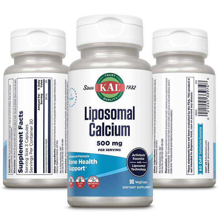 KAL Liposomal Calcium 500 mg, High Absorption Calcium Supplement, Essential Calcium Support, Vegan, Gluten Free, No Soy, 30 Servings, 90 VegCaps