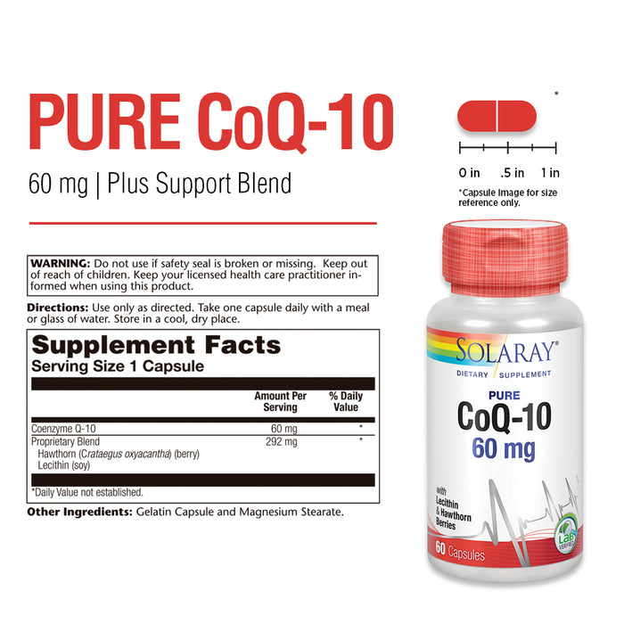 Solaray Pure CoQ-10 60 mg | Healthy Heart Function & Cellular Energy Support | Enhanced with Herb Blend | 60 Capsules