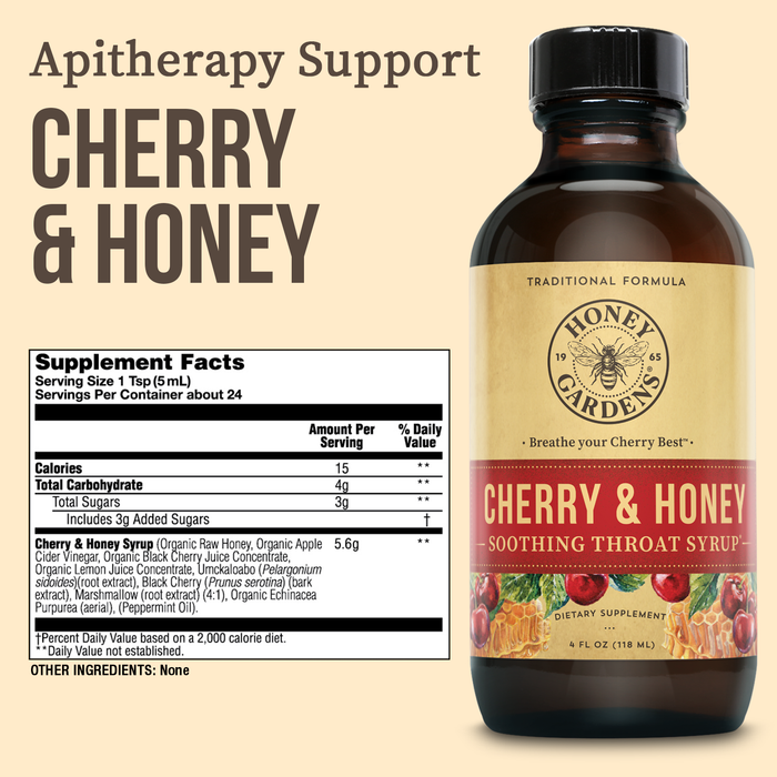 Honey Gardens Cherry & Honey Soothing Throat Syrup, Apitherapy Formula with Organic Raw Honey, Organic Apple Cider Vinegar, Black Cherry, and Herbal Extracts, 24 Servings, 4 FL. OZ.