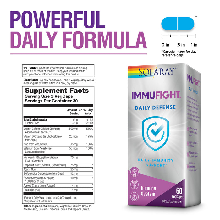 Solaray Immufight Daily Defense - Immune Support Supplement - Vitamin C, Organic Vitamin D, Zinc, Monolaurin, Probiotics - Antioxidant Activity and Optimal Balance - Vegan - 30 Servings, 60 VegCaps