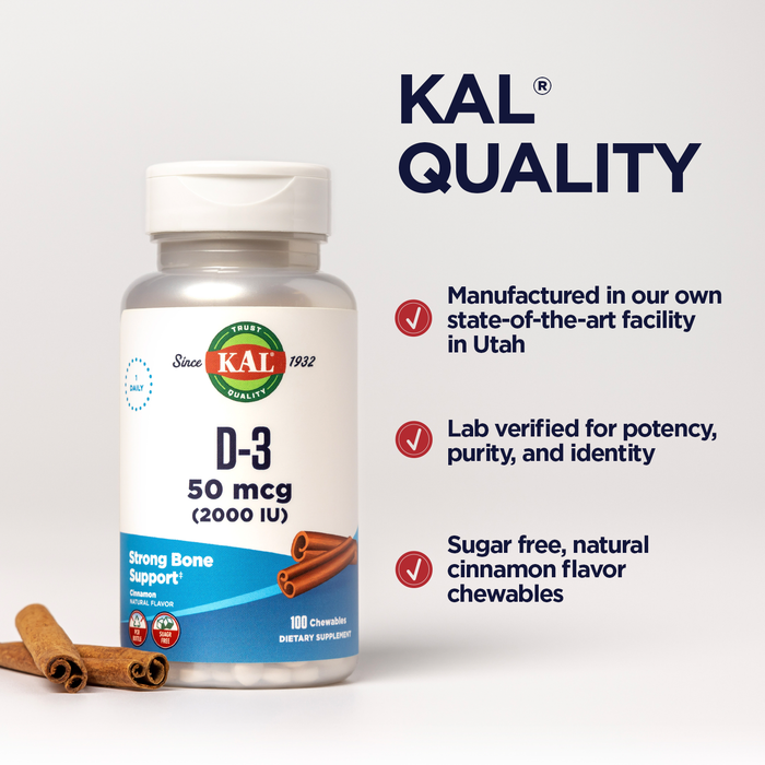 KAL D-3 2000 IU Sugarless Chewable Cinnamon, 200 Count