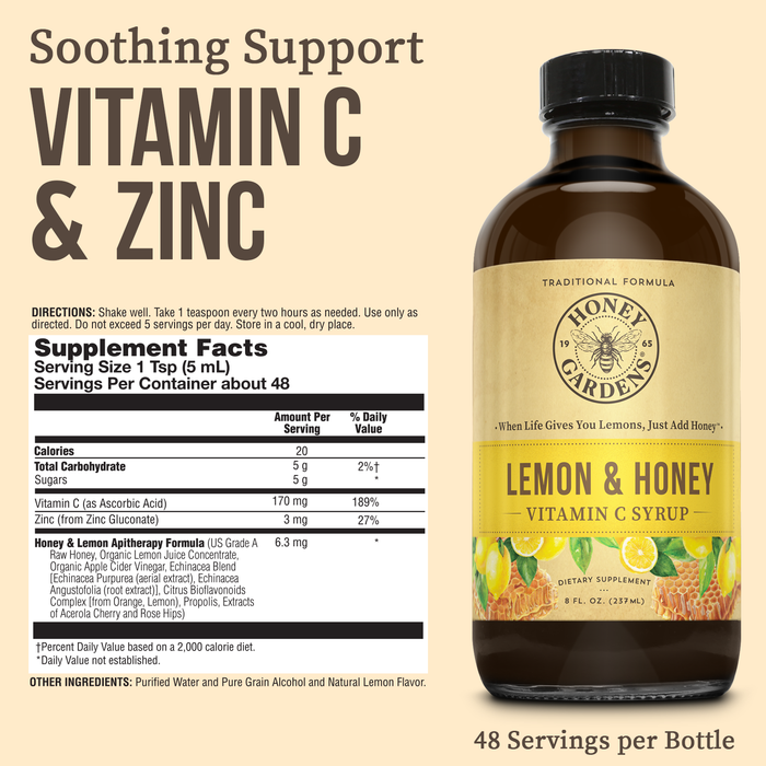 Honey Gardens Lemon and Honey Syrup, With 170 mg of Vitamin C and 3 mg of Zinc, Honey & Lemon Apitherapy Formula Includes Raw Honey, Organic Apple Cider Vinegar, Echinacea Blend, Rose Hips and More, 8 FL. OZ. 48 Servings