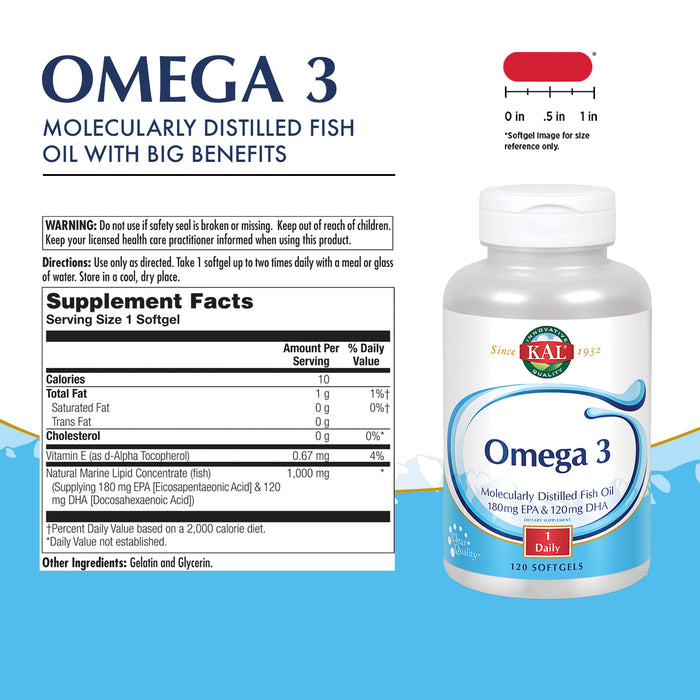 KAL Omega 3 | Omega-3 Fish Oil for Healthy Heart, Joint & Brain Support | 180mg EPA, 120mg DHA