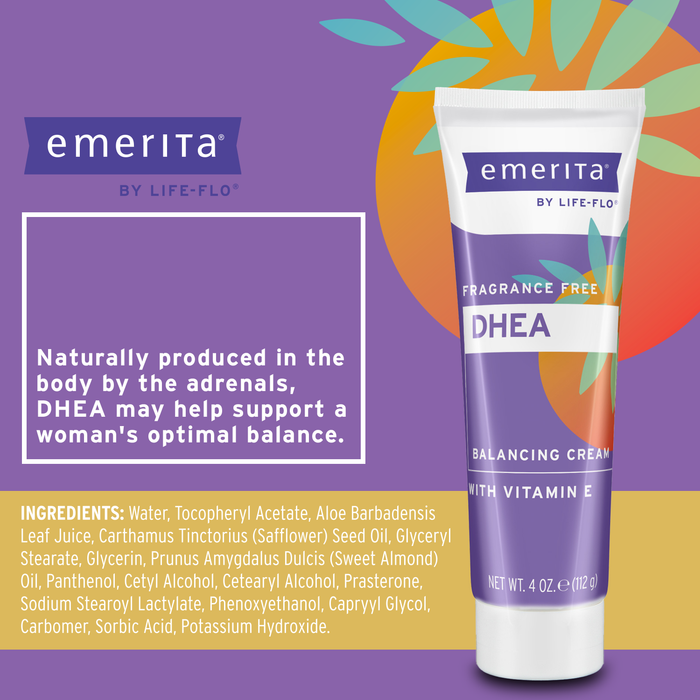 Emerita by Life-flo DHEA Cream for Women, Balancing Cream w/ Dihydrotestosterone, Vitamin E for a Woman's Balance, Made Without Parabens, Fragrance Free, 60-Day Guarantee, Not Tested on Animals, 4oz