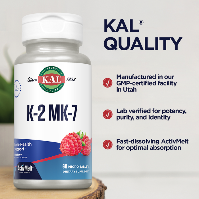 KAL Vitamin K2 MK7 ActivMelt 100 mcg, Vitamin K Supplement as Superior K2 MK7, Bone Health, Heart and Artery Health Support, Natural Raspberry Flavor, Vegan, Gluten Free, 60 Servings, 60 Micro Tablets