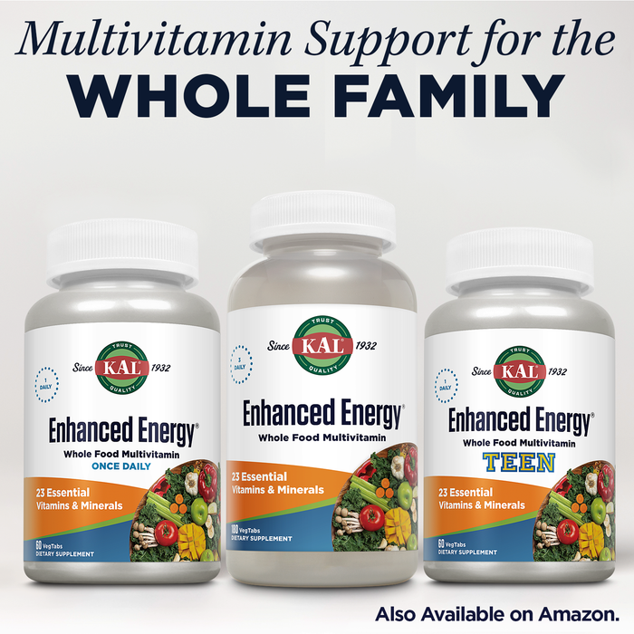 KAL Enhanced Energy Supplements, Whole Food Multivitamin with Iron for Women and Men, 23 Essential Vitamins and Minerals, Super Foods, Digestive Enzymes, 60 Servings, 180 VegTabs