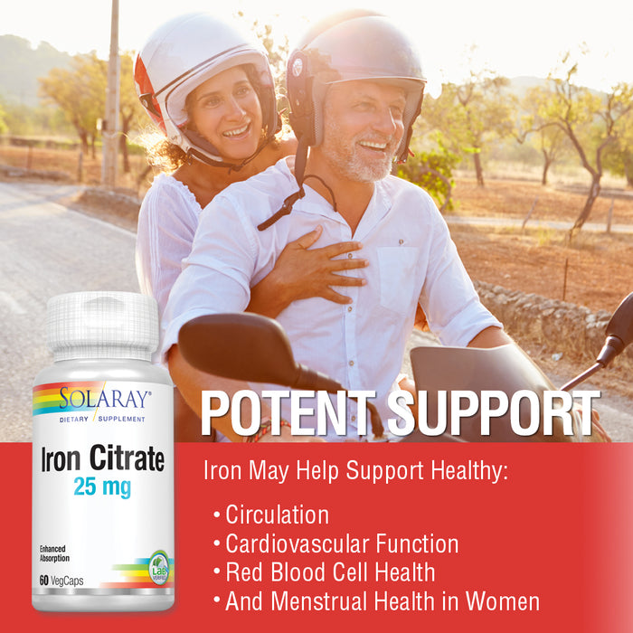 Solaray Iron Citrate - Chelated Iron Supplement for Women and Men - Healthy Circulation, Cardiovascular Function, and Menstrual Support - Vegan, 60-Day Guarantee - 60 Servings, 60 VegCaps