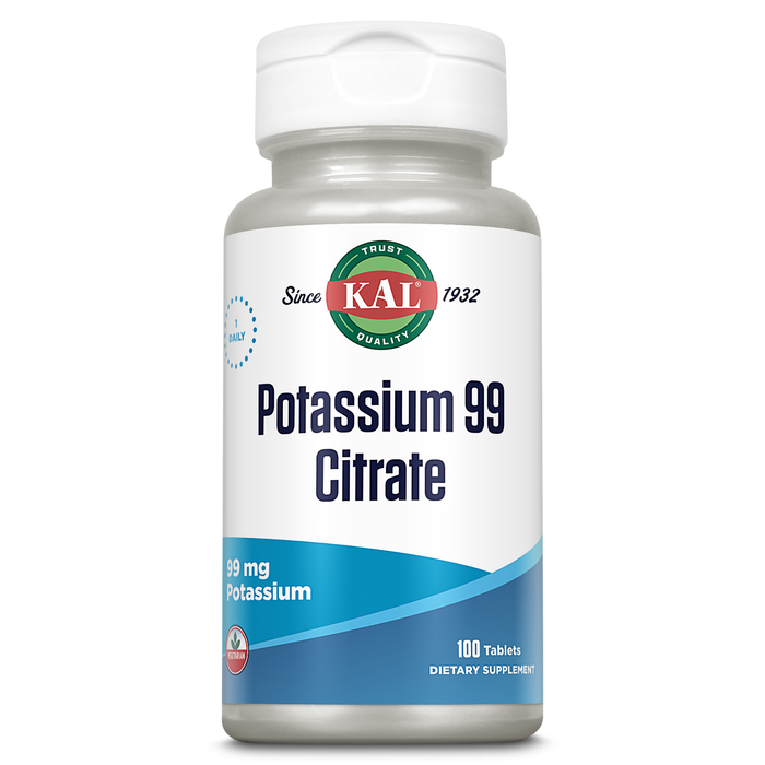 KAL Potassium Citrate 99mg,  Fluid and Electrolyte Balance, Potassium Supplement for Muscle, Nerve and Heart Health Support, Vegetarian, Enhanced Absorption, 60-Day Guarantee, 100 Serv, 100 Tablets