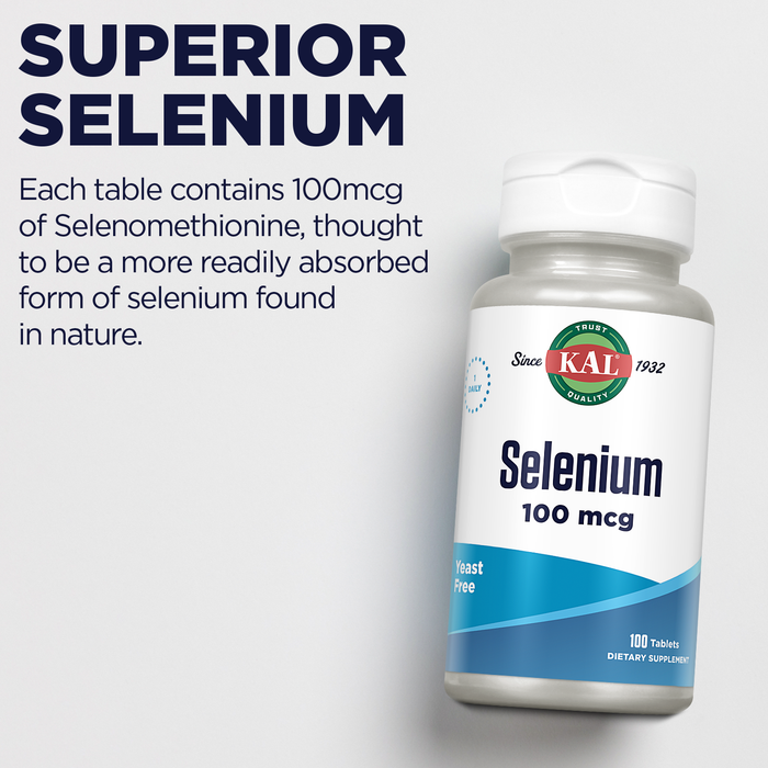 KAL Selenium 100 mcg, Yeast Free Selenium Supplement, Thyroid Support for Women and Men, CeIlular Health and Immune Support, 60-Day Guarantee, Rapid Disintegration ActivTabs, 100 Servings, 100 Tablets