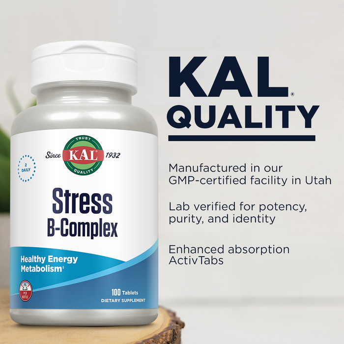 KAL Stress B Complex Vitamin Supplement, Vitamin B Complex for Energy, Stress, Red Blood Cell Formation and Immune Support, with Vitamin B12, B6 and Folic Acid, 60-Day Guarantee, 50 Serv, 100 Tablets