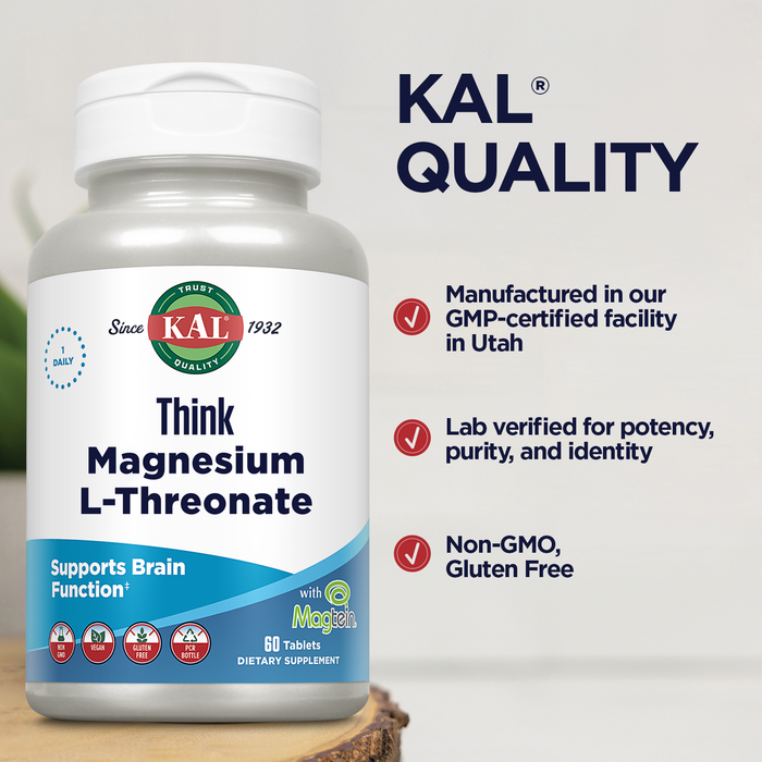 KAL Think Magnesium L-Threonate 2000 mg | Learning, Brain Health & Memory Function Support w/ Magtein | Vegan, No Gluten & Non-GMO | 60 Tablets