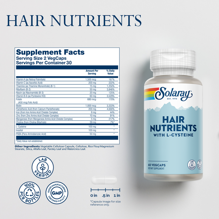 Solaray Hair Nutrients with L-Cysteine - Hair Vitamins with Biotin for Hair Growth Support - Hair Skin and Nails Vitamins for Women and Men - Lab Verified, 60-Day Guarantee - 30 Servings, 60 VegCaps