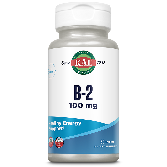 KAL Vitamin B2 100mg, Riboflavin B2, Healthy Energy and Metabolism Supplement, Red Blood Cell Synthesis Support, Enhanced Absorption ActivTabs, Vegan, 60-Day Guarantee, 60 Servings, 60 Tablets